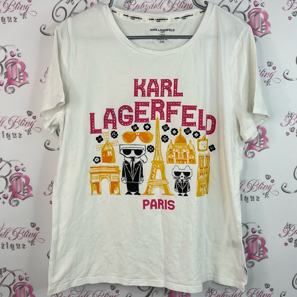 Karl Lagerfeld Paris tshirt rhinestone rare White Tee with Red and Yellow Design